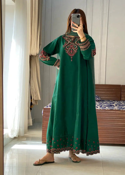 Embroidered Forest Green Flared Pishwas with Dupatta