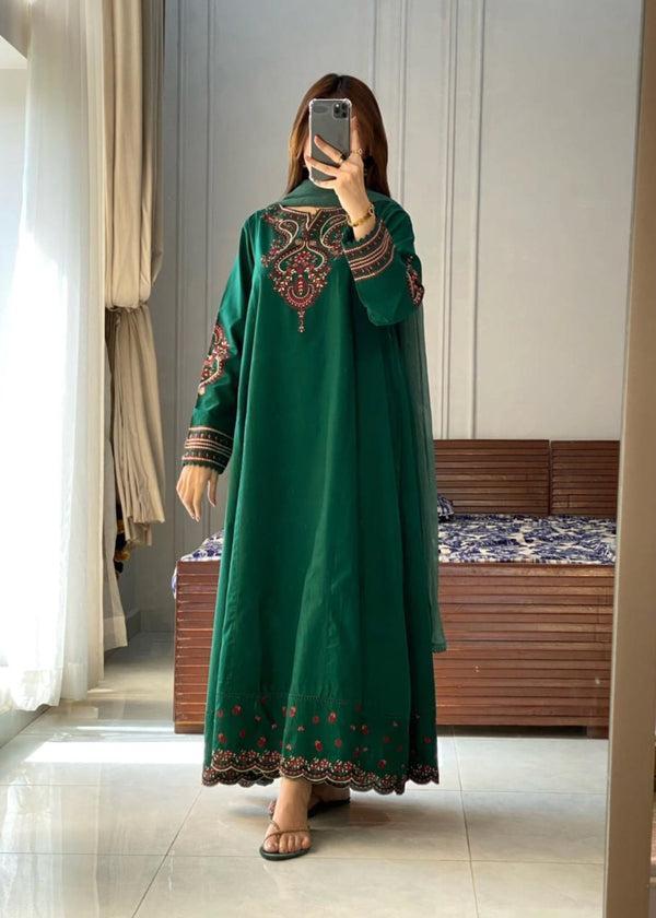 Embroidered Forest Green Flared Pishwas with Dupatta