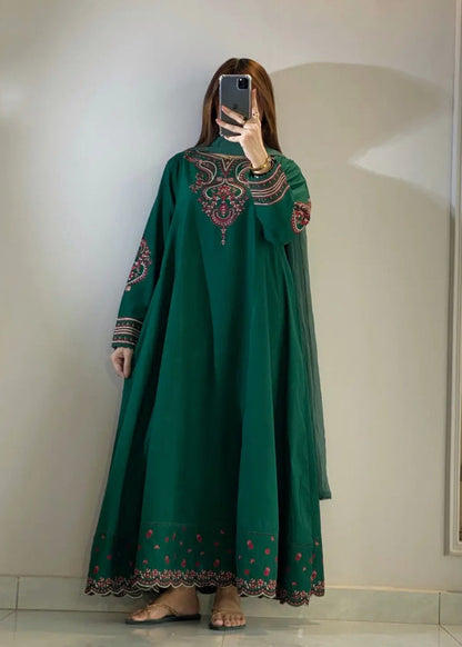 Embroidered Forest Green Flared Pishwas with Dupatta